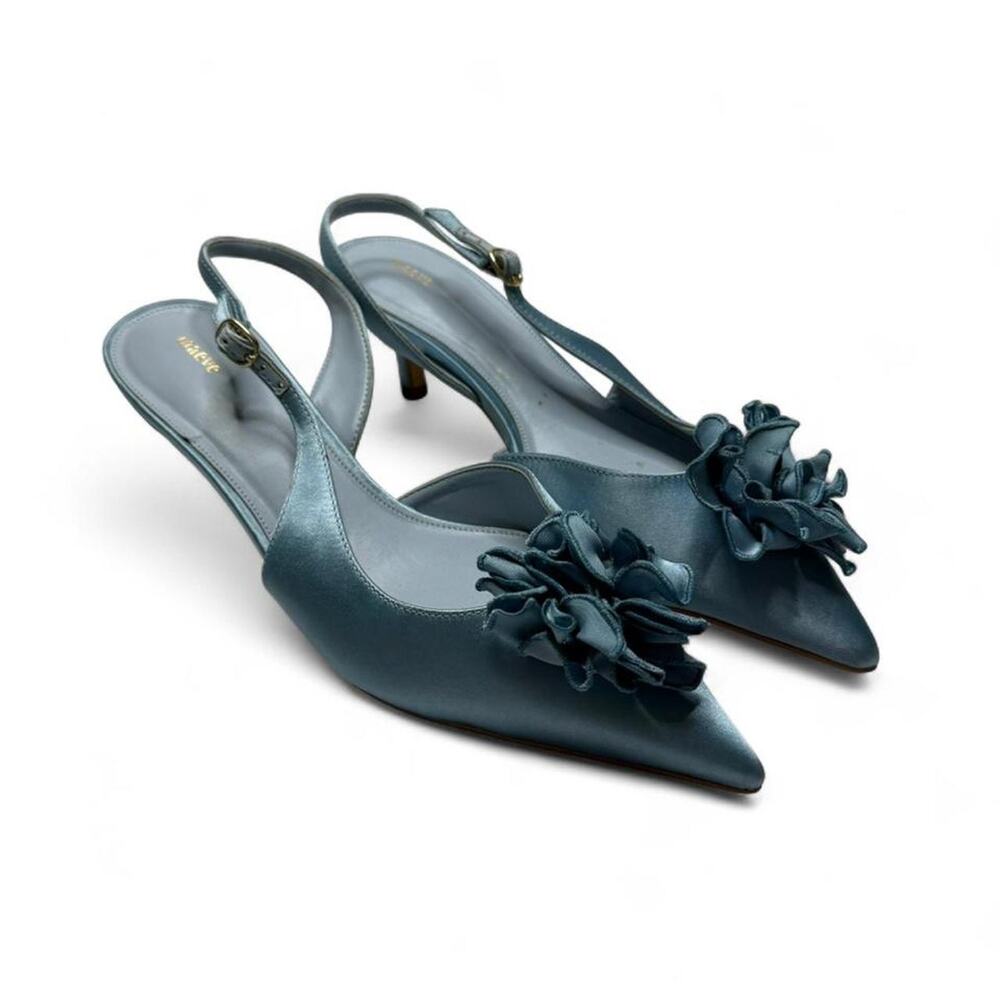 Maeve Floral Slingback Anthropologie Blue Kitten Heels size 8 (38) Tropical
